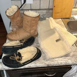 Authentic Ugg lot: size 7 moccasins, size 7 classic short boots & infinity scarf